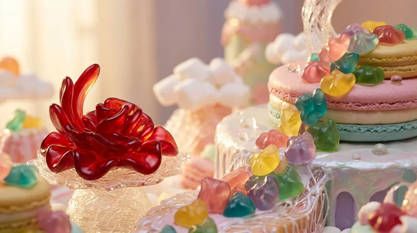 P&acirc;tisseries orn&eacute;es de fleurs en sucre et bonbons color&eacute;s