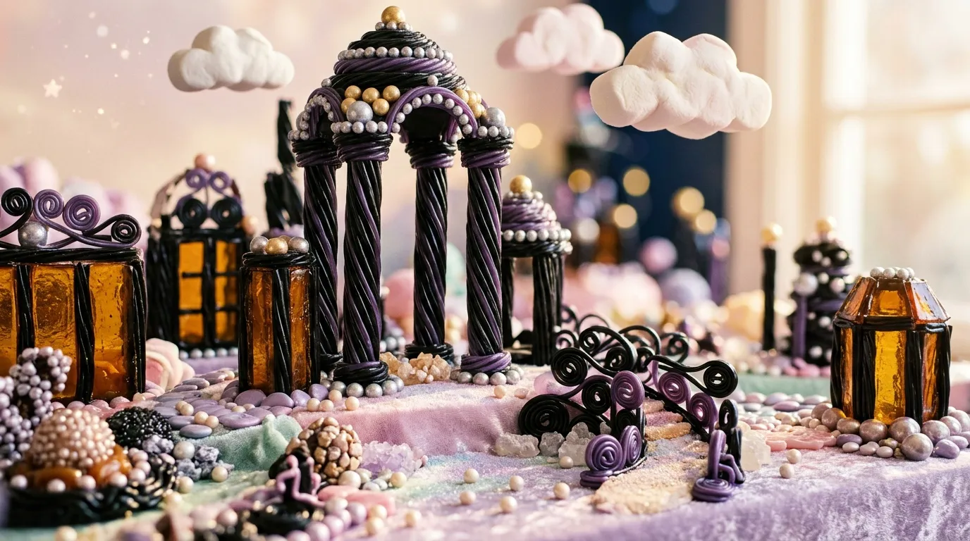 Maquette de ville magique avec architecture noire, dor&eacute;e et perles