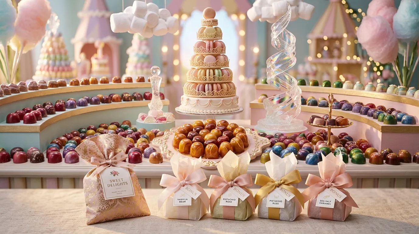 Ch&acirc;teau de bonbons avec g&acirc;teau, chocolats et emballages roses dor&eacute;s.
