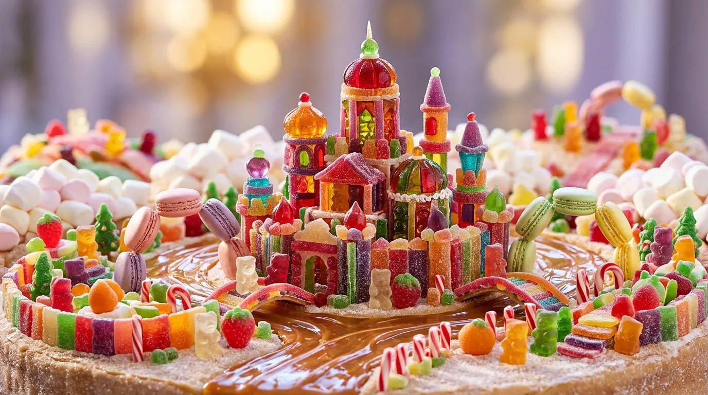 Ch&acirc;teau fantastique enti&egrave;rement construit avec des bonbons color&eacute;s et des g&acirc;teaux