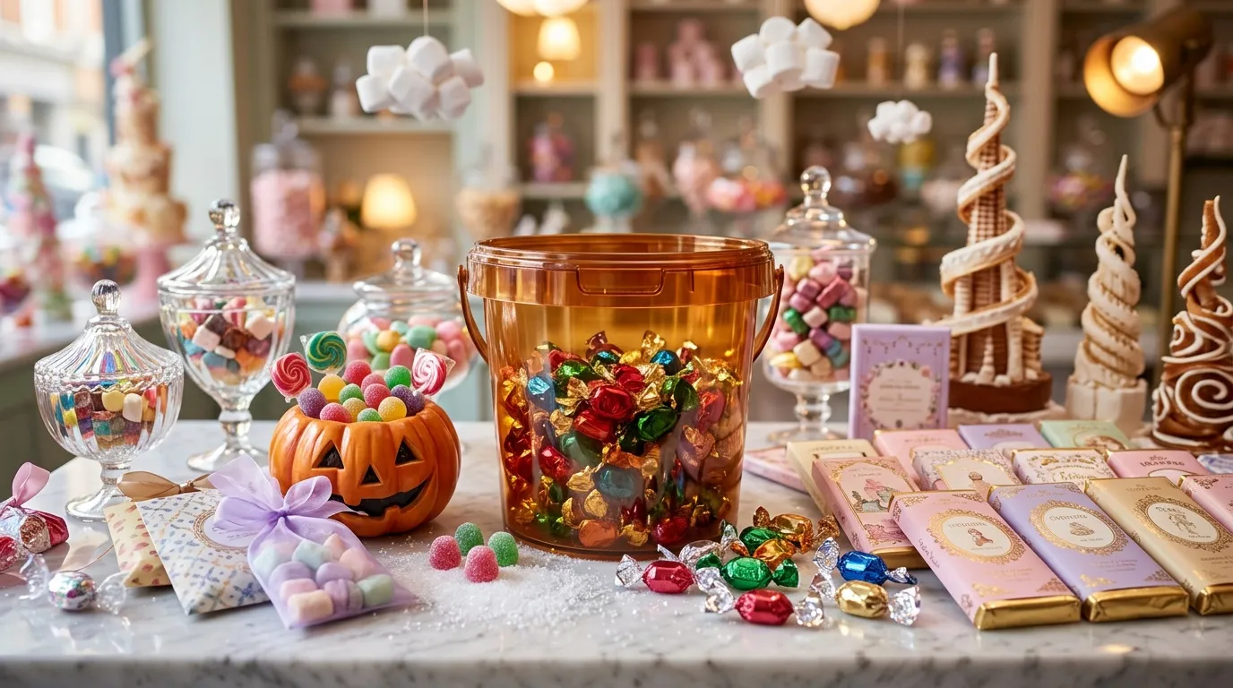 Vitrine de bonbons color&eacute;s, g&acirc;teaux pain d'&eacute;pice et d&eacute;corations festives