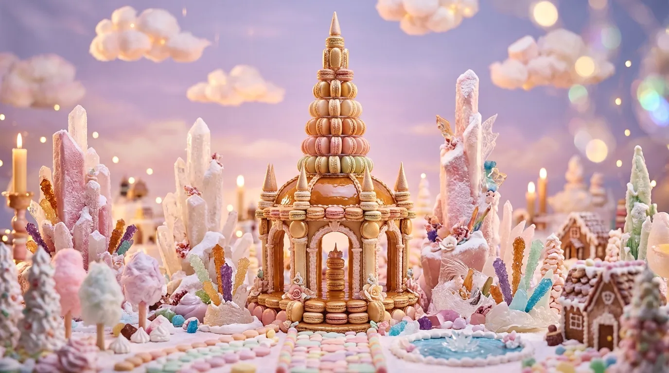 Ch&acirc;teau de macarons dor&eacute; entour&eacute; de cristaux de sucre color&eacute;s