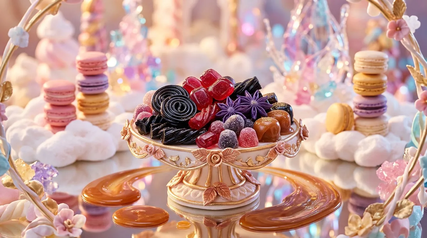 Sc&egrave;ne f&eacute;erique avec bonbons color&eacute;s, macarons et coupes d&eacute;cor&eacute;es
