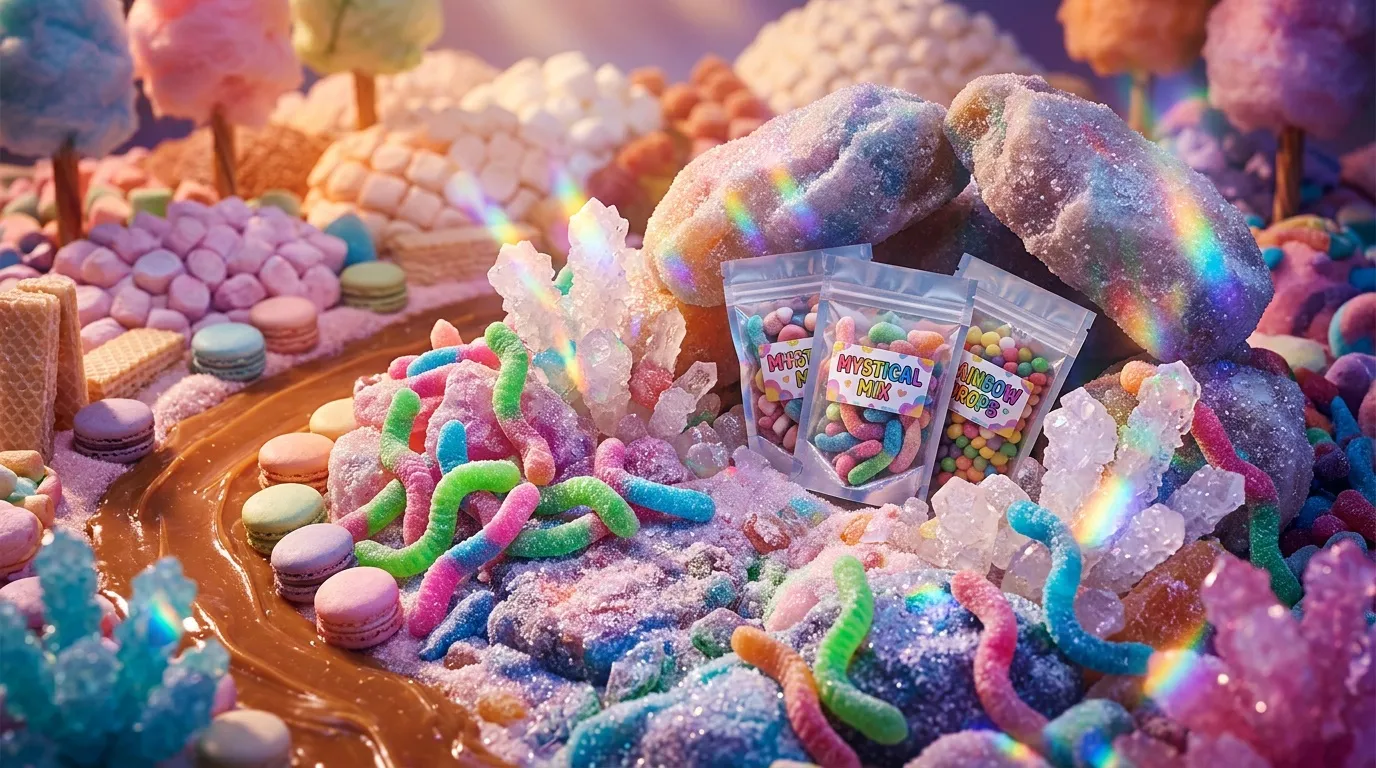 Paysage fantastique de bonbons color&eacute;s et brillants avec arc-en-ciel