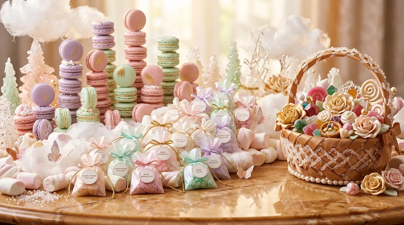 Affichage festif de macarons pastel, bonbons et d&eacute;cor floral.