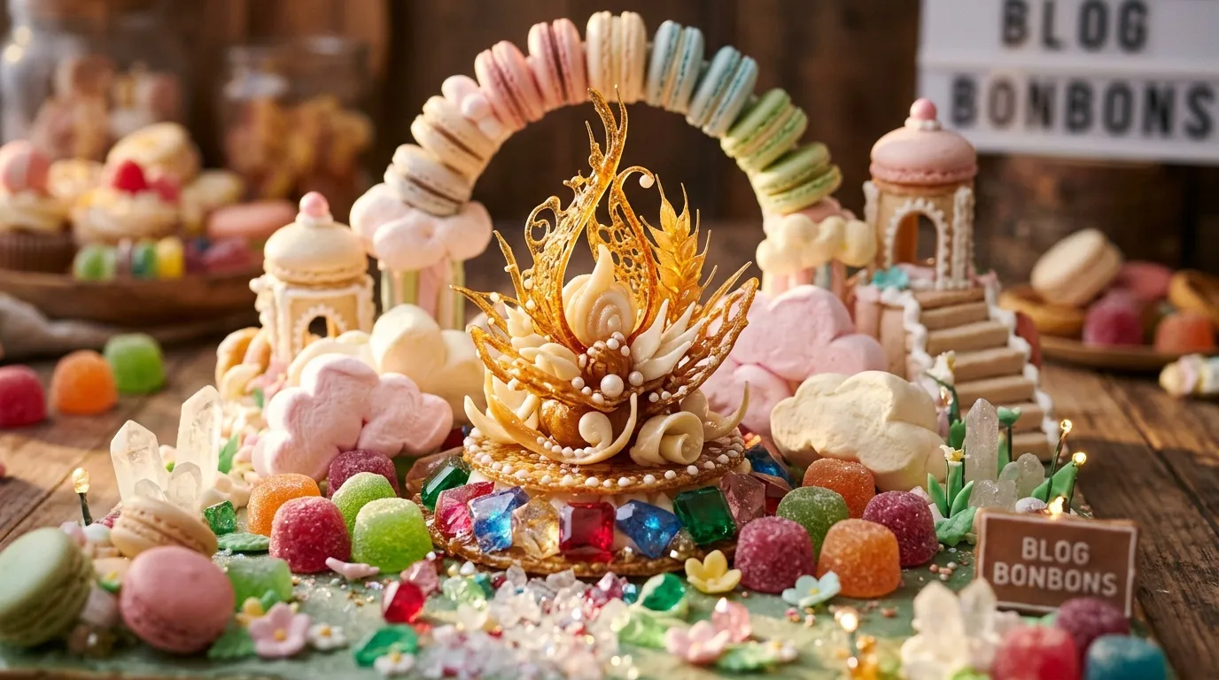 Décor pâtissier avec fleur dorée, macarons et bonbons colorés