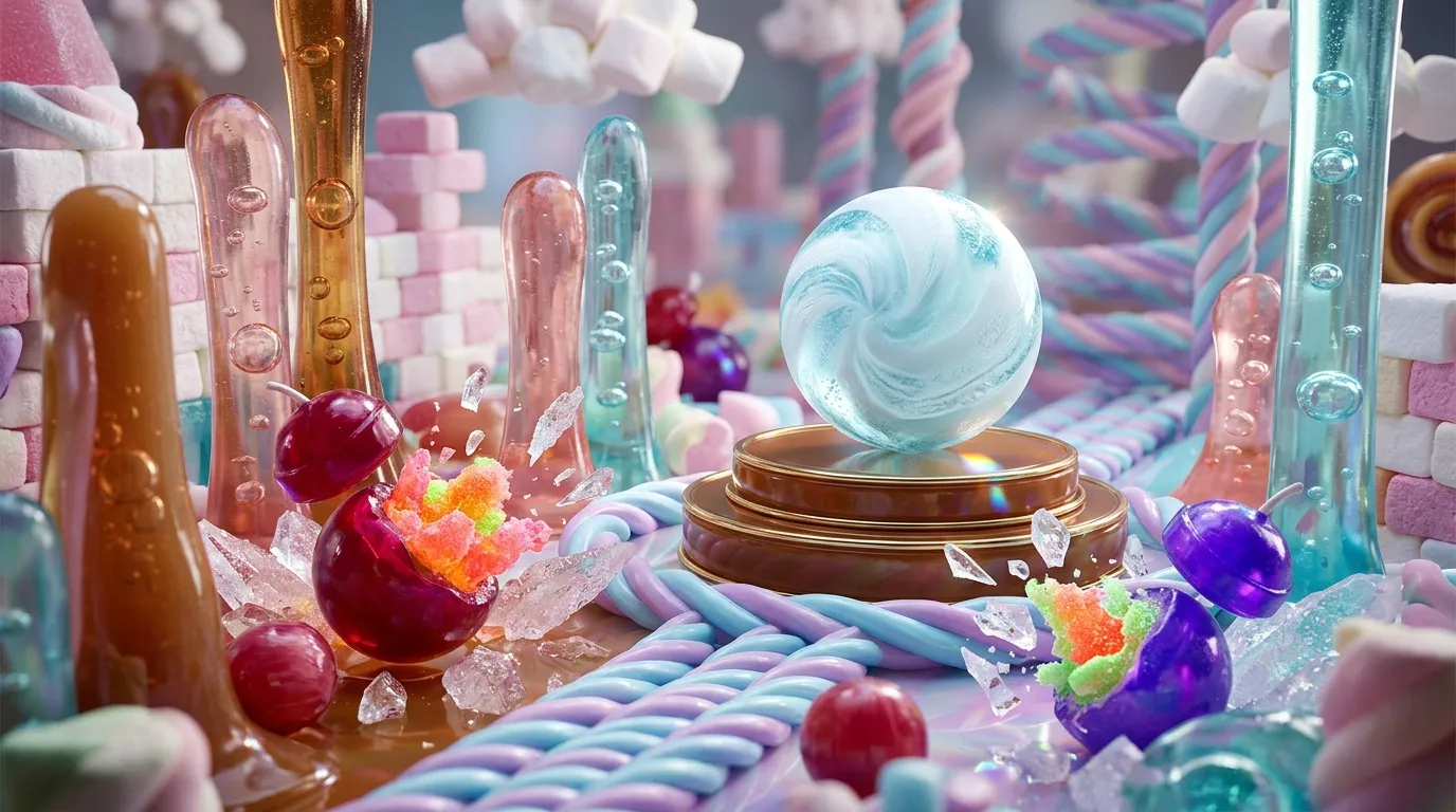 Sph&egrave;re cristalline entour&eacute;e de bonbons color&eacute;s et fioles brillantes
