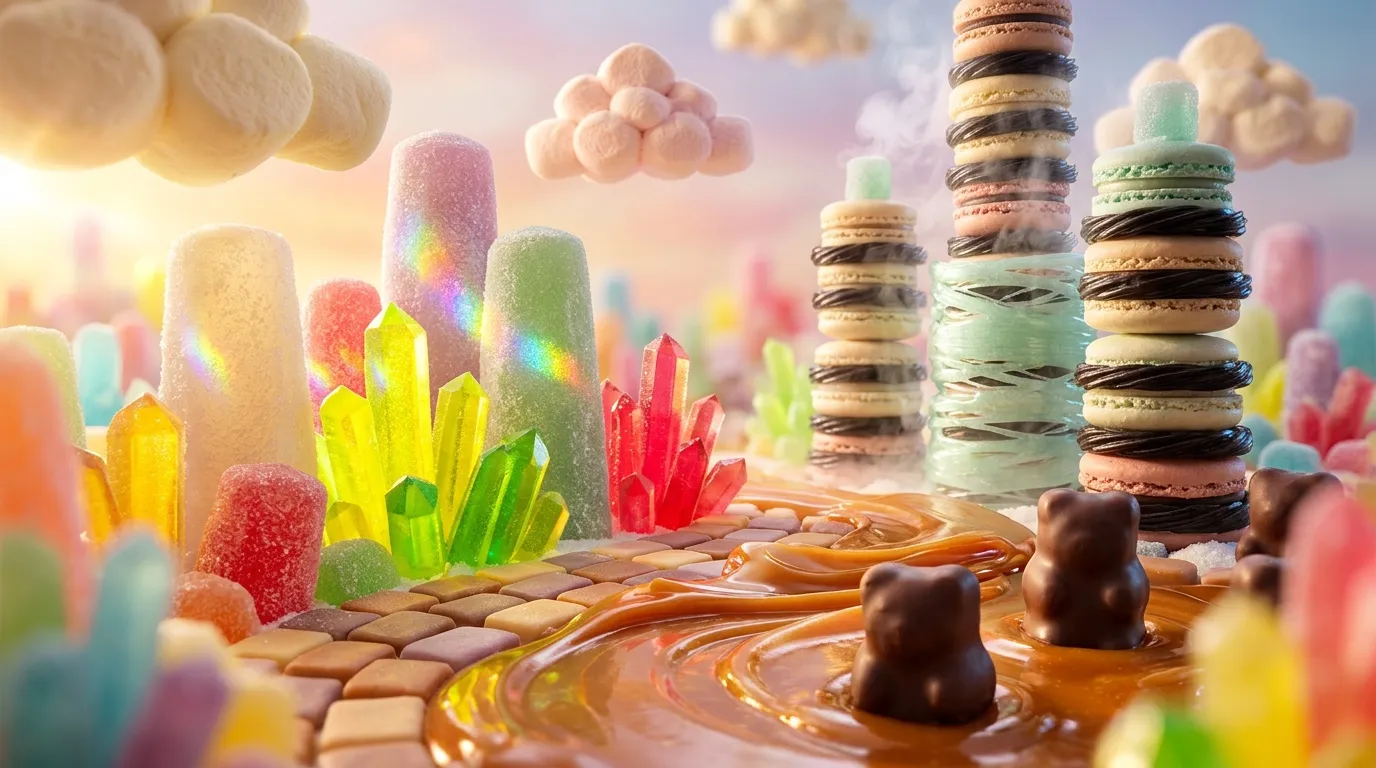Paysage surr&eacute;aliste avec macarons, cristaux sucr&eacute;s et caramel