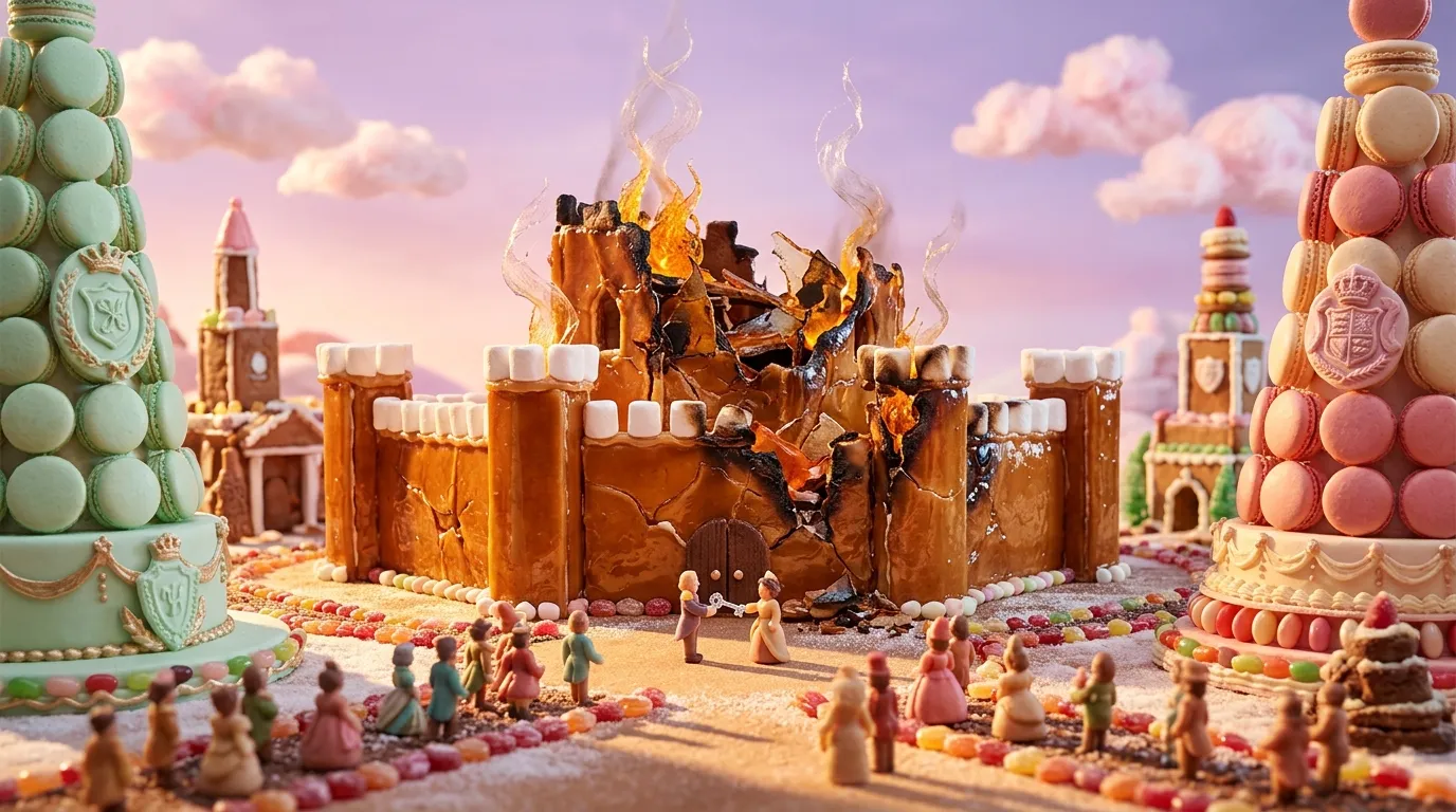 Ch&acirc;teau comestible en feu entour&eacute; de petites figurines et bonbons color&eacute;s