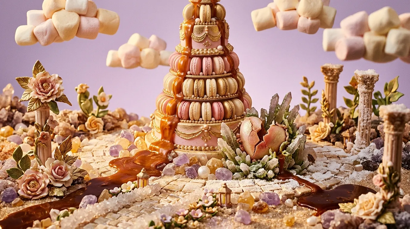 Tour de macarons dorés décorée de fleurs et bonbons pastel