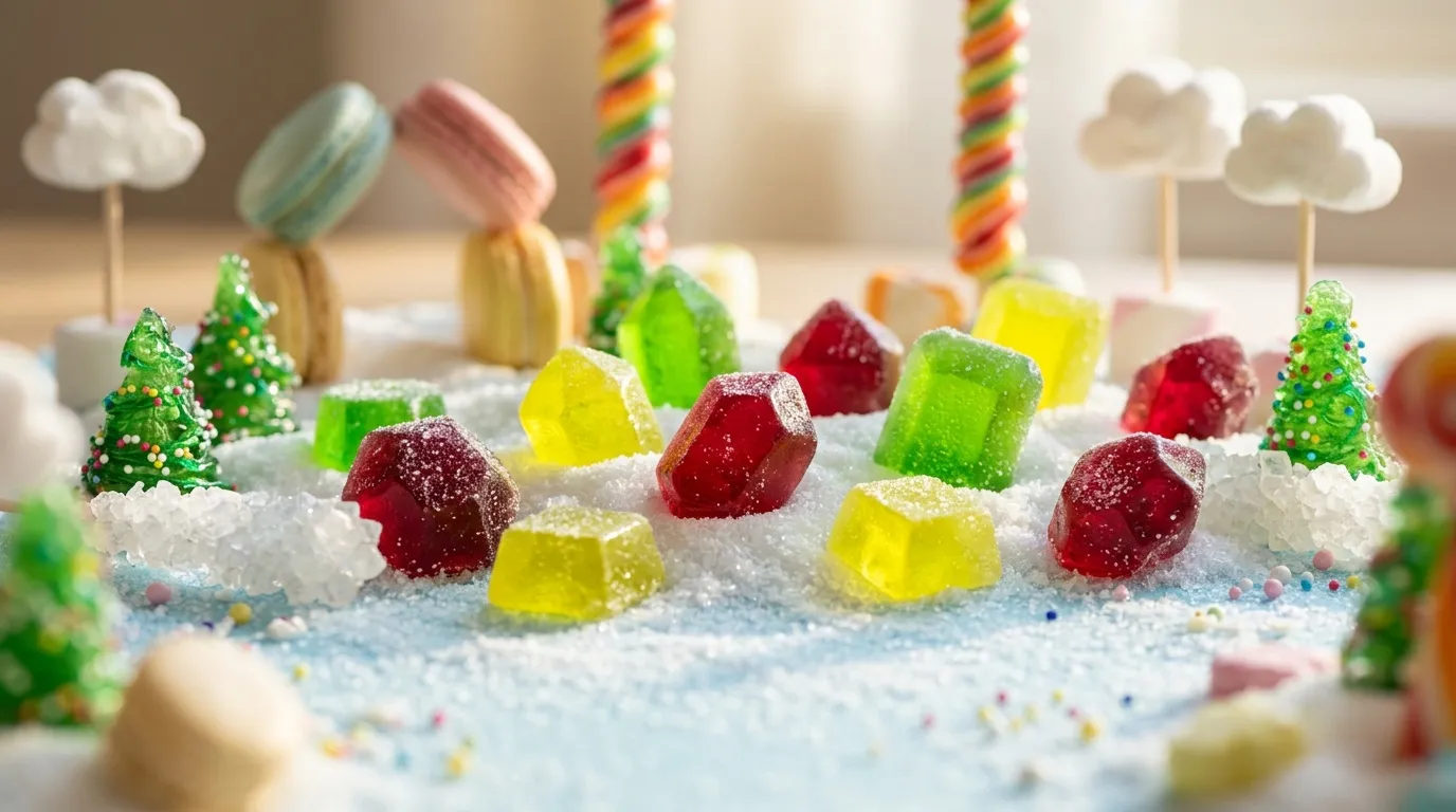 Bonbons g&eacute;lifi&eacute;s color&eacute;s et sapin miniature en sucre