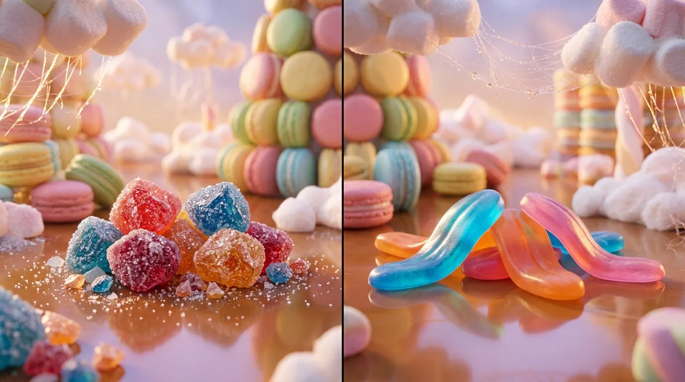Bonbons scintillants et macarons pastels dans un d&eacute;cor fantaisiste