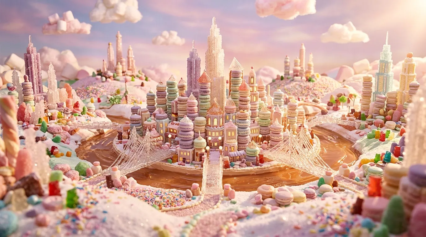 Ville imaginaire construite enti&egrave;rement en bonbons et p&acirc;tisseries color&eacute;es
